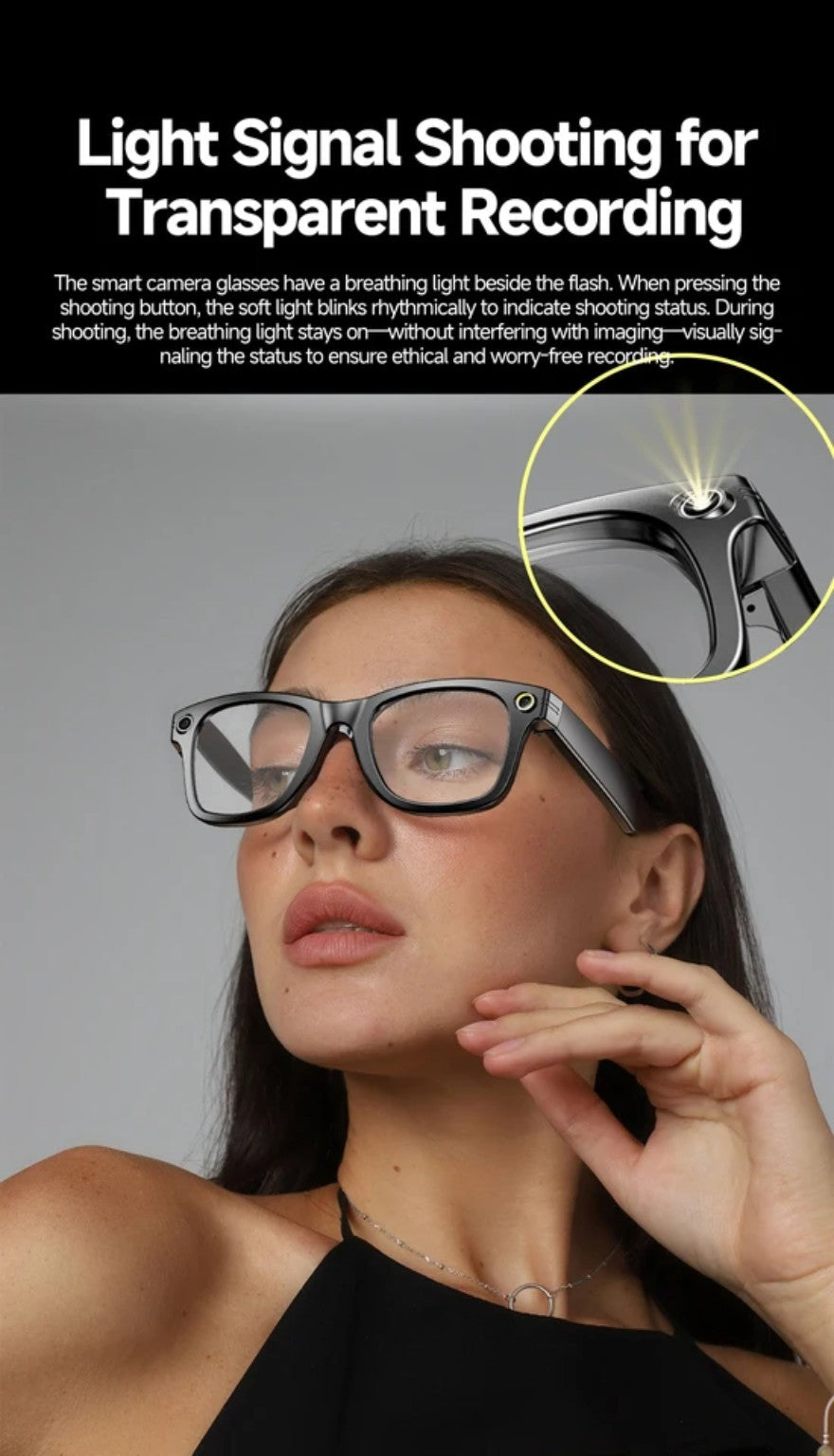 Lunettes caméra noires portées, avec voyant d’enregistrement